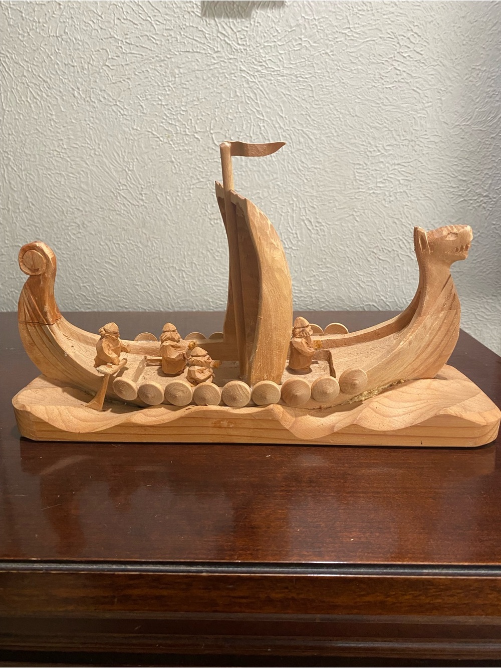 Vintage, Viking Whittled Wood Longship Model. Norse Drakkar Sculpture